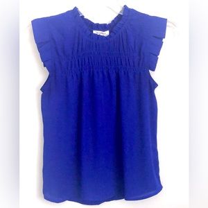 Monteau cobalt blue smocked neck ruffle sleeve blouse